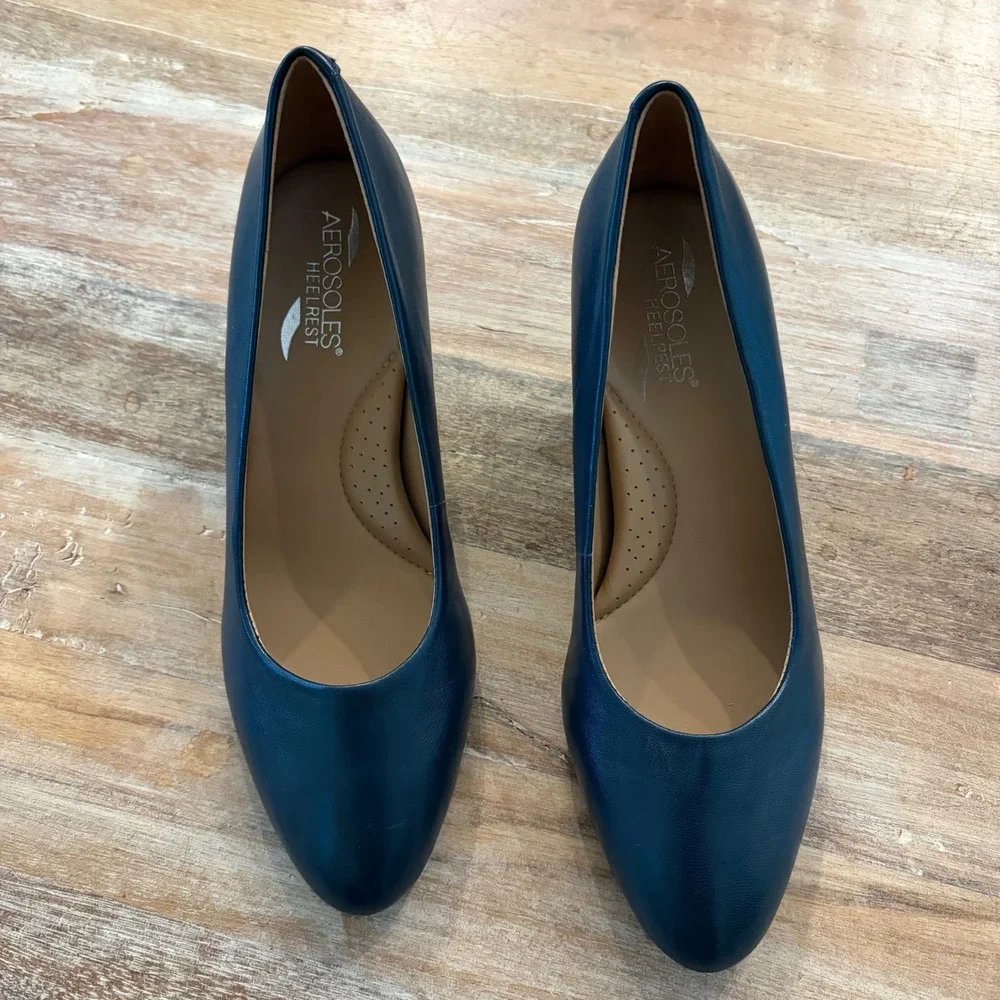 Aerosoles Heelrest Inner Circle Navy Leather Wedge Pumps Shoes 7.5M Low Heel